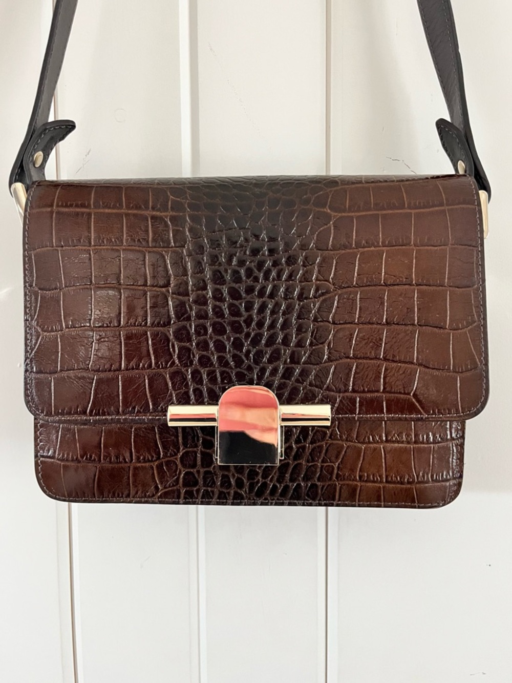 Massimo Dutti Dark Brown Croc-Embossed Crossbody Bag